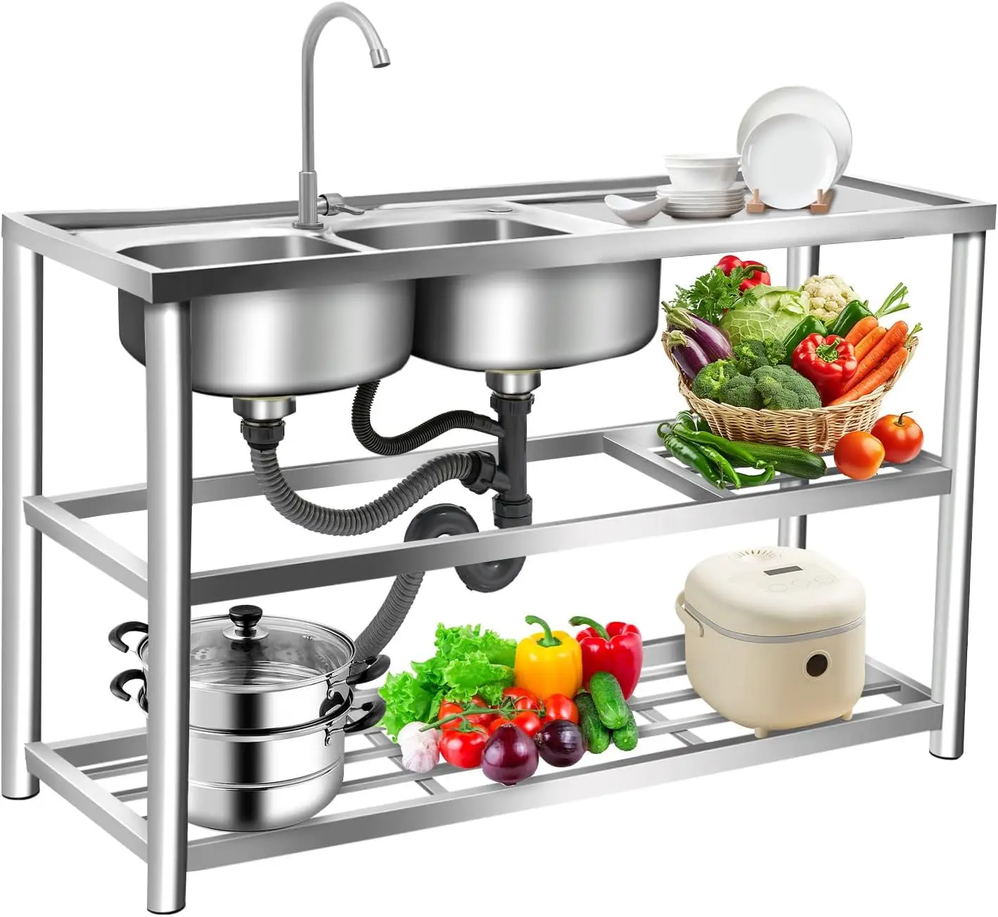 Commercial Kitchen Set - Évier autoportant à 3 niveaux en